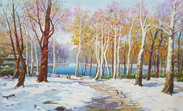 DQYCX30 金镇思《初雪后的内林公园》朝鲜一级画家 